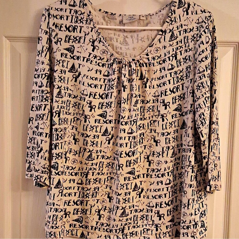 Hot Cotton Petites PM White/Black Graphic Cotton Knit Scoop Neck 3/4 Tunic